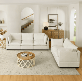 2-Piece Chenille Fabric Upholstered Living Room Furniture Set, Including 3-Seater Sofa And Loveseat Sofa With Seat And Back Cushion Beige White (Color: Beige)