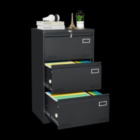 3-Drawer Lateral Filing Cabinet, Black Locking Metal, Office (Color: Black)